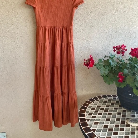 Maeve by Anthropologie Gillian Tiered Orange Short Sleeve Maxi Dress Size Small - Picture 3 of 5